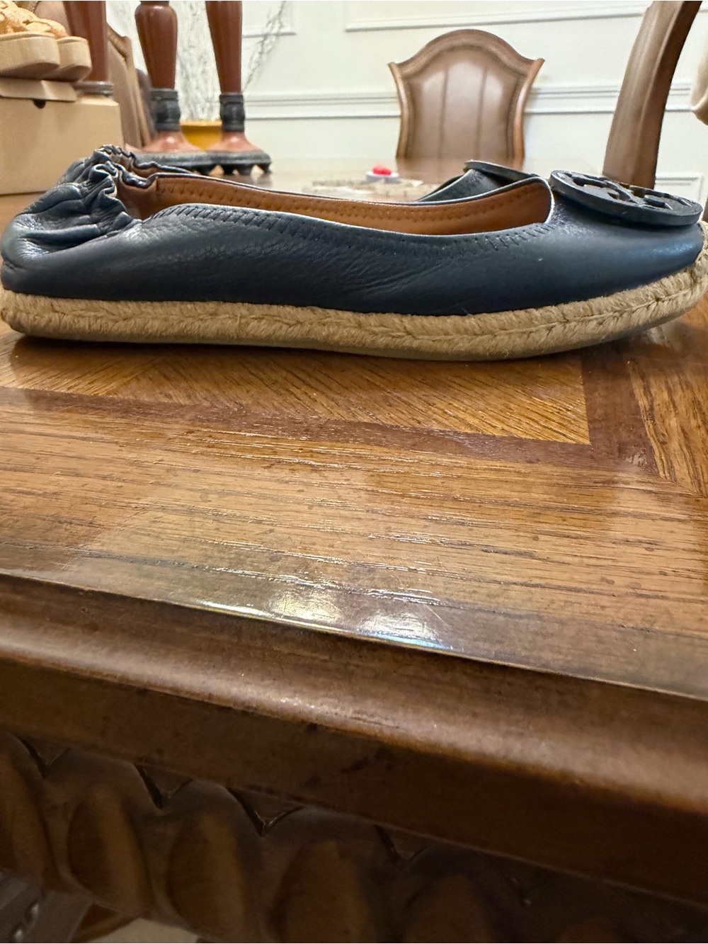Tory Burch Navy Leather Logo Espadrille Ballet Flats - Picture 4 of 5